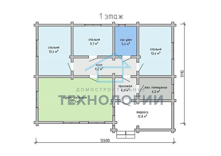Одноэтажный дом из бруса 9х12 проект Ефросинья