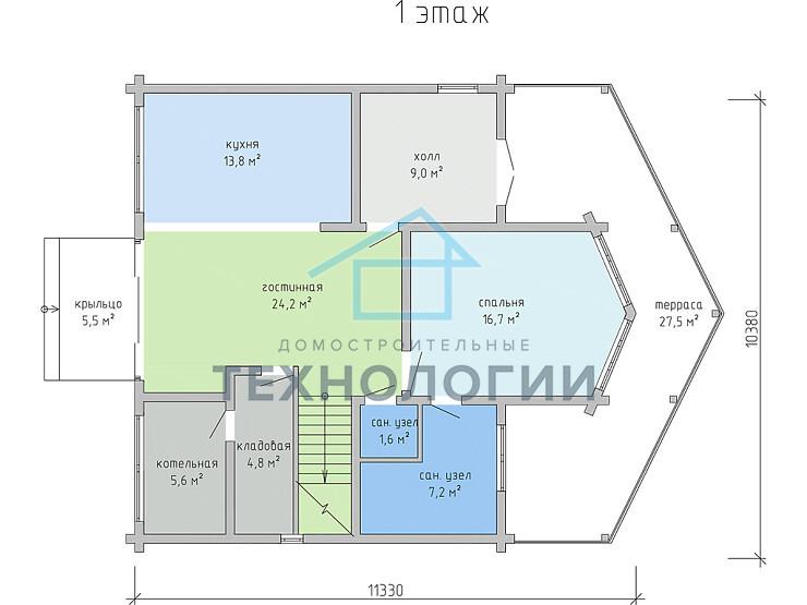 Дом шале из бруса в полтора этажа 10х11 с террасой Вея
