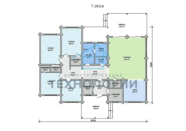 Одноэтажный дом из бруса 13х18 проект Донат