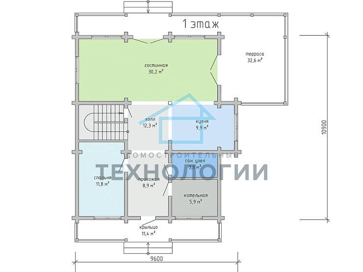 Дом шале из бруса в полтора этажа 10х11 с котельной Хотомир