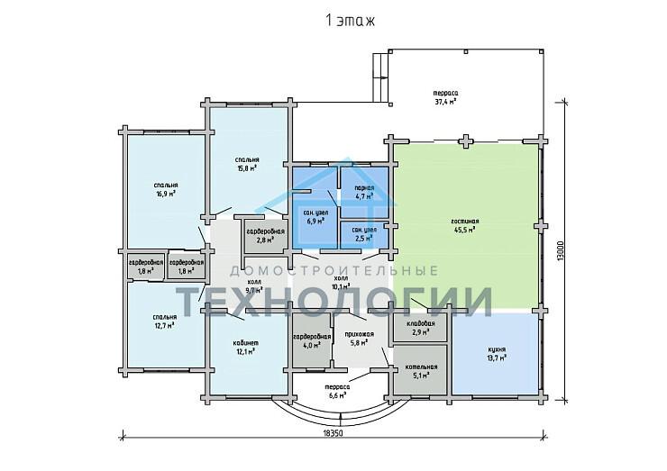 Одноэтажный дом из бруса 13х18 проект Ипатий