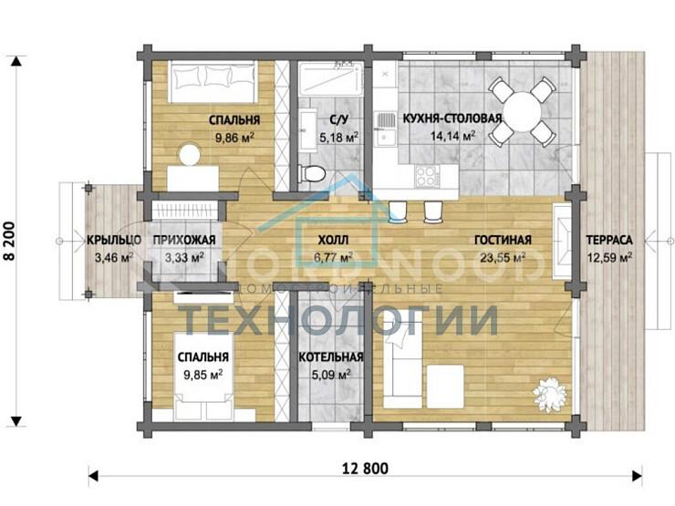Одноэтажный дом из бруса 8х13 Новак