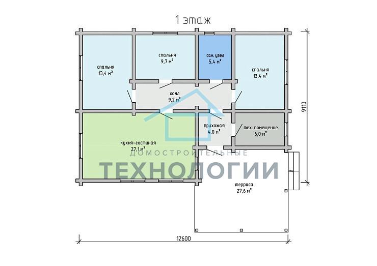 Одноэтажный дом из бруса 9х12 проект Ираида