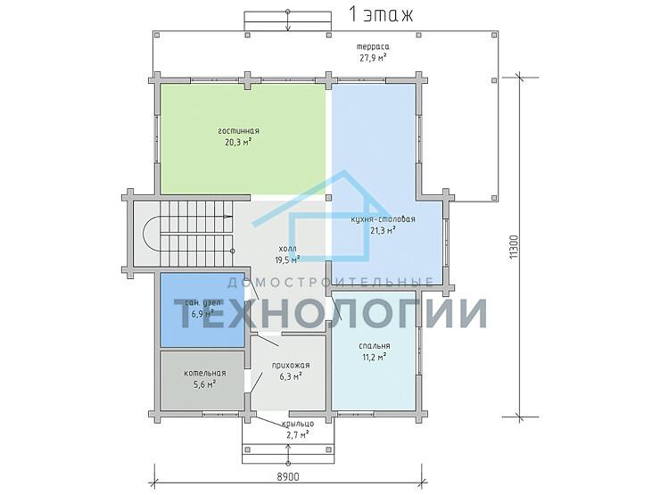 Дом шале из бруса в полтора этажа 9х11 с террасой Орислав