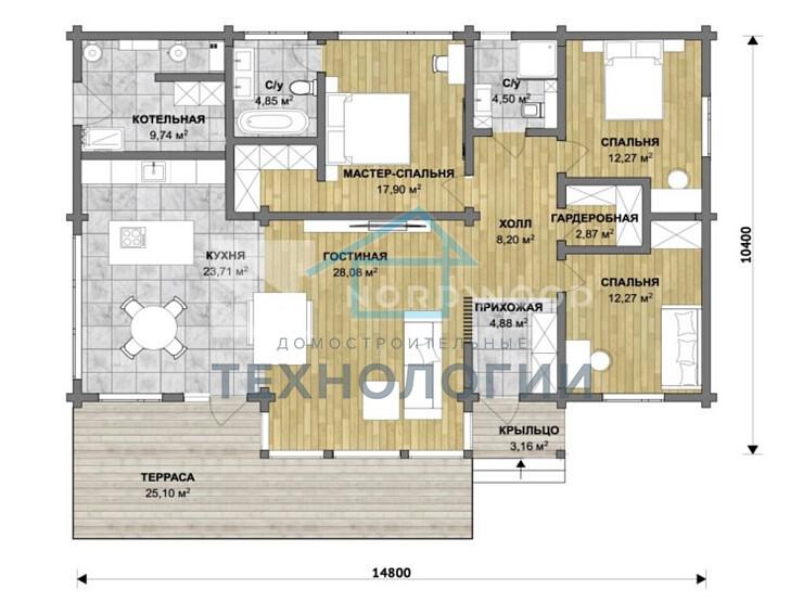 Одноэтажный дом из бруса 10х15 Хотен